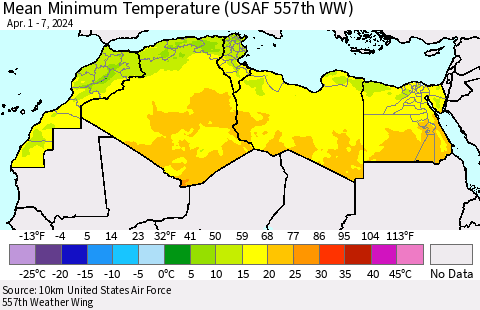 North Africa Mean Minimum Temperature (USAF 557th WW) Thematic Map For 4/1/2024 - 4/7/2024