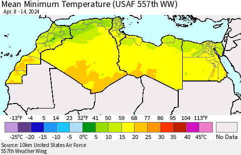 North Africa Mean Minimum Temperature (USAF 557th WW) Thematic Map For 4/8/2024 - 4/14/2024
