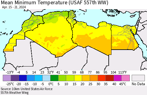 North Africa Mean Minimum Temperature (USAF 557th WW) Thematic Map For 4/15/2024 - 4/21/2024