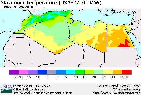 North Africa Mean Maximum Temperature (USAF 557th WW) Thematic Map For 3/19/2018 - 3/25/2018
