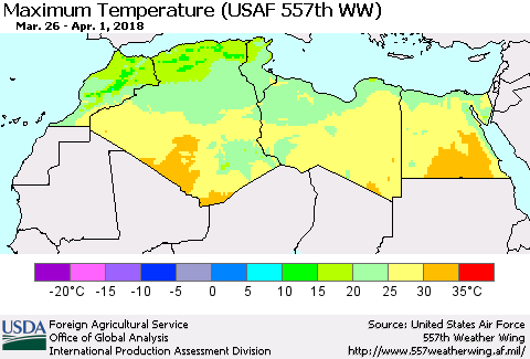 North Africa Mean Maximum Temperature (USAF 557th WW) Thematic Map For 3/26/2018 - 4/1/2018