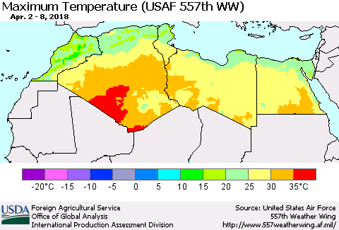 North Africa Mean Maximum Temperature (USAF 557th WW) Thematic Map For 4/2/2018 - 4/8/2018