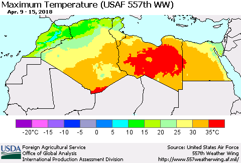 North Africa Mean Maximum Temperature (USAF 557th WW) Thematic Map For 4/9/2018 - 4/15/2018