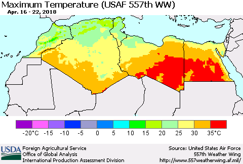 North Africa Mean Maximum Temperature (USAF 557th WW) Thematic Map For 4/16/2018 - 4/22/2018