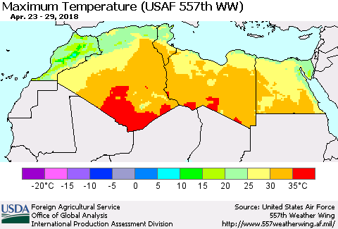 North Africa Mean Maximum Temperature (USAF 557th WW) Thematic Map For 4/23/2018 - 4/29/2018