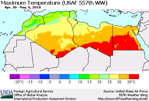 North Africa Mean Maximum Temperature (USAF 557th WW) Thematic Map For 4/30/2018 - 5/6/2018