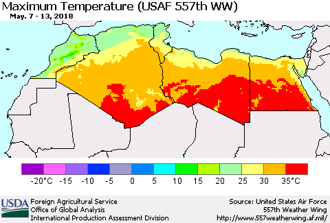 North Africa Mean Maximum Temperature (USAF 557th WW) Thematic Map For 5/7/2018 - 5/13/2018