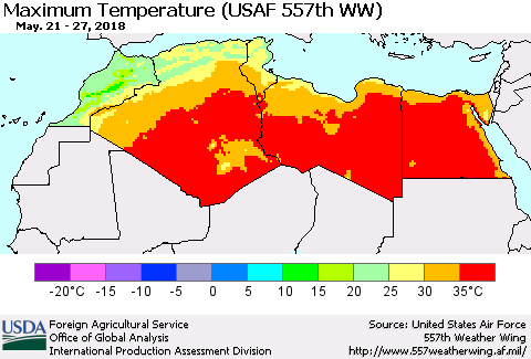 North Africa Mean Maximum Temperature (USAF 557th WW) Thematic Map For 5/21/2018 - 5/27/2018