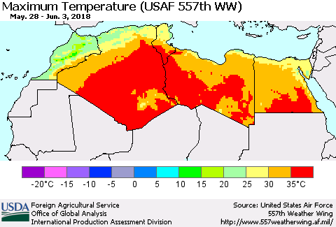 North Africa Mean Maximum Temperature (USAF 557th WW) Thematic Map For 5/28/2018 - 6/3/2018