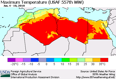 North Africa Mean Maximum Temperature (USAF 557th WW) Thematic Map For 6/4/2018 - 6/10/2018