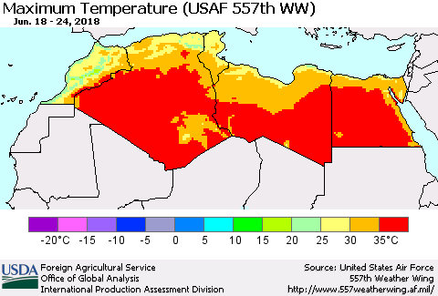 North Africa Mean Maximum Temperature (USAF 557th WW) Thematic Map For 6/18/2018 - 6/24/2018