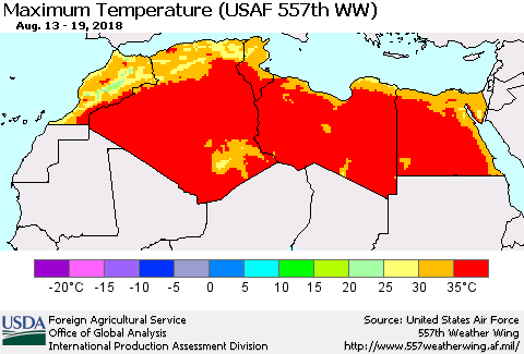 North Africa Mean Maximum Temperature (USAF 557th WW) Thematic Map For 8/13/2018 - 8/19/2018