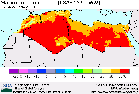 North Africa Mean Maximum Temperature (USAF 557th WW) Thematic Map For 8/27/2018 - 9/2/2018