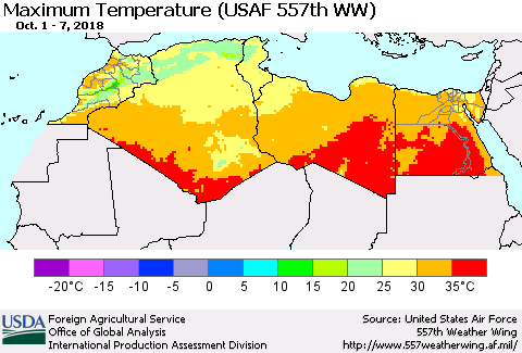 North Africa Mean Maximum Temperature (USAF 557th WW) Thematic Map For 10/1/2018 - 10/7/2018