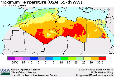 North Africa Mean Maximum Temperature (USAF 557th WW) Thematic Map For 10/15/2018 - 10/21/2018