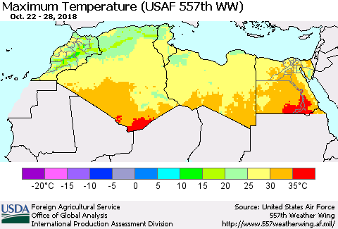 North Africa Mean Maximum Temperature (USAF 557th WW) Thematic Map For 10/22/2018 - 10/28/2018