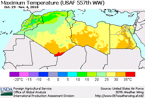 North Africa Mean Maximum Temperature (USAF 557th WW) Thematic Map For 10/29/2018 - 11/4/2018