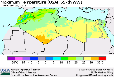 North Africa Mean Maximum Temperature (USAF 557th WW) Thematic Map For 11/19/2018 - 11/25/2018