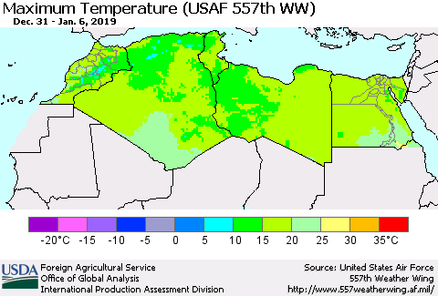 North Africa Mean Maximum Temperature (USAF 557th WW) Thematic Map For 12/31/2018 - 1/6/2019