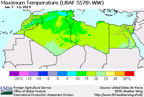 North Africa Mean Maximum Temperature (USAF 557th WW) Thematic Map For 1/7/2019 - 1/13/2019