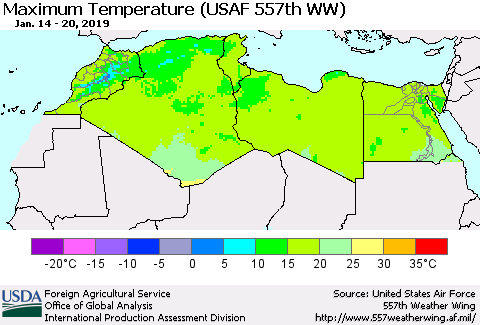 North Africa Mean Maximum Temperature (USAF 557th WW) Thematic Map For 1/14/2019 - 1/20/2019