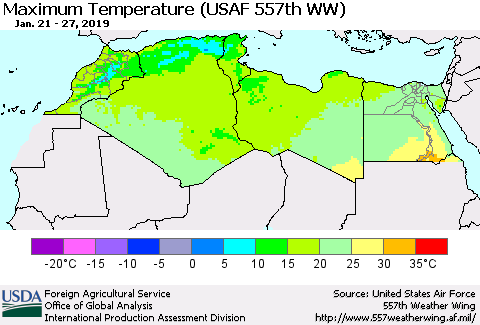 North Africa Mean Maximum Temperature (USAF 557th WW) Thematic Map For 1/21/2019 - 1/27/2019