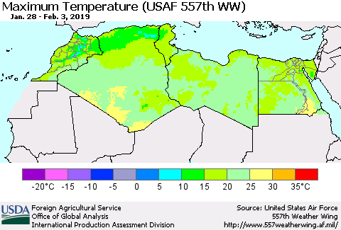 North Africa Mean Maximum Temperature (USAF 557th WW) Thematic Map For 1/28/2019 - 2/3/2019