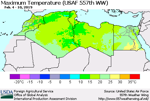 North Africa Mean Maximum Temperature (USAF 557th WW) Thematic Map For 2/4/2019 - 2/10/2019