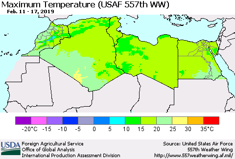 North Africa Mean Maximum Temperature (USAF 557th WW) Thematic Map For 2/11/2019 - 2/17/2019