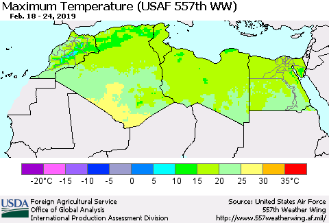 North Africa Mean Maximum Temperature (USAF 557th WW) Thematic Map For 2/18/2019 - 2/24/2019