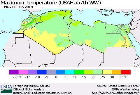 North Africa Mean Maximum Temperature (USAF 557th WW) Thematic Map For 3/11/2019 - 3/17/2019