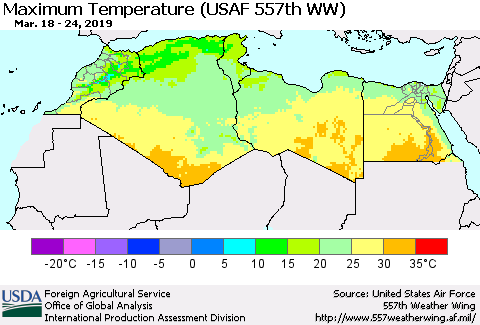 North Africa Mean Maximum Temperature (USAF 557th WW) Thematic Map For 3/18/2019 - 3/24/2019