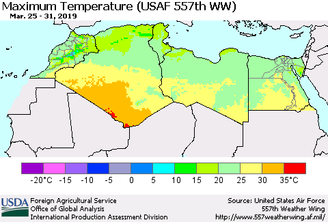 North Africa Mean Maximum Temperature (USAF 557th WW) Thematic Map For 3/25/2019 - 3/31/2019