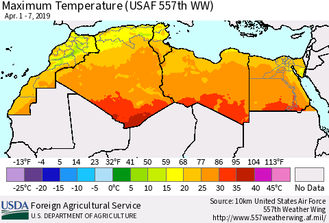 North Africa Mean Maximum Temperature (USAF 557th WW) Thematic Map For 4/1/2019 - 4/7/2019
