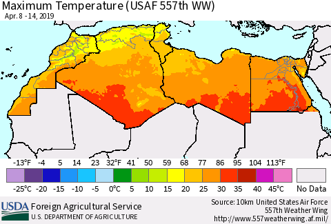 North Africa Mean Maximum Temperature (USAF 557th WW) Thematic Map For 4/8/2019 - 4/14/2019