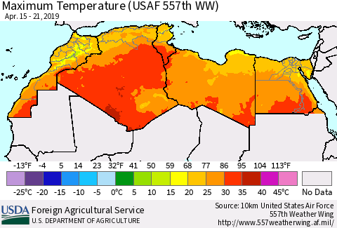 North Africa Mean Maximum Temperature (USAF 557th WW) Thematic Map For 4/15/2019 - 4/21/2019