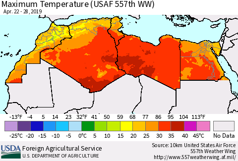 North Africa Mean Maximum Temperature (USAF 557th WW) Thematic Map For 4/22/2019 - 4/28/2019