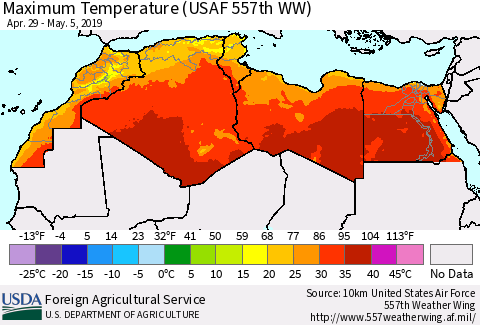 North Africa Mean Maximum Temperature (USAF 557th WW) Thematic Map For 4/29/2019 - 5/5/2019