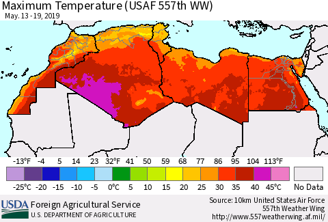 North Africa Mean Maximum Temperature (USAF 557th WW) Thematic Map For 5/13/2019 - 5/19/2019
