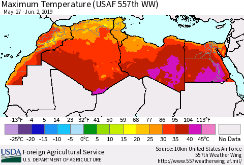 North Africa Mean Maximum Temperature (USAF 557th WW) Thematic Map For 5/27/2019 - 6/2/2019