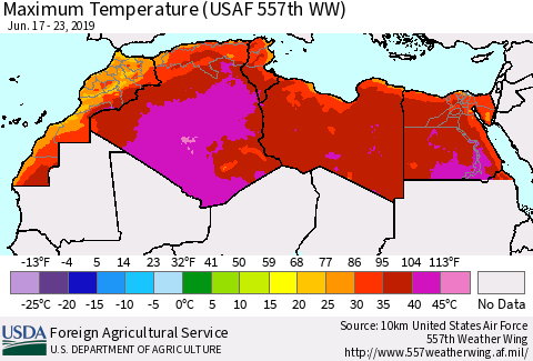 North Africa Mean Maximum Temperature (USAF 557th WW) Thematic Map For 6/17/2019 - 6/23/2019