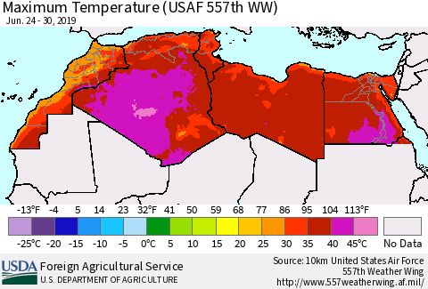 North Africa Mean Maximum Temperature (USAF 557th WW) Thematic Map For 6/24/2019 - 6/30/2019