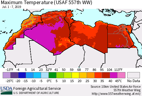 North Africa Mean Maximum Temperature (USAF 557th WW) Thematic Map For 7/1/2019 - 7/7/2019