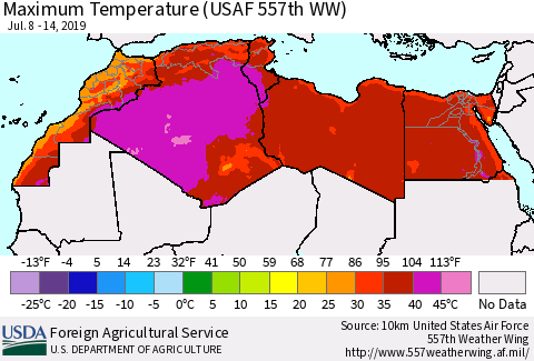 North Africa Mean Maximum Temperature (USAF 557th WW) Thematic Map For 7/8/2019 - 7/14/2019