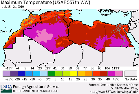 North Africa Mean Maximum Temperature (USAF 557th WW) Thematic Map For 7/15/2019 - 7/21/2019