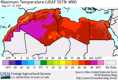 North Africa Mean Maximum Temperature (USAF 557th WW) Thematic Map For 8/19/2019 - 8/25/2019