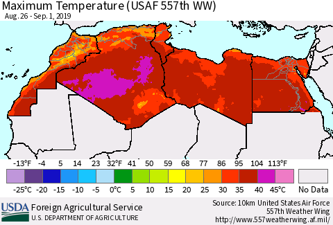 North Africa Mean Maximum Temperature (USAF 557th WW) Thematic Map For 8/26/2019 - 9/1/2019