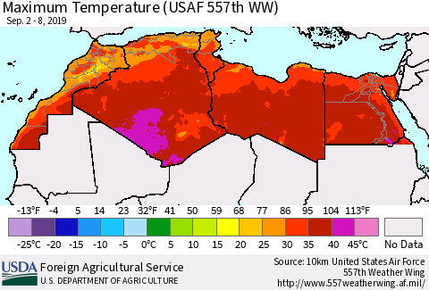 North Africa Mean Maximum Temperature (USAF 557th WW) Thematic Map For 9/2/2019 - 9/8/2019