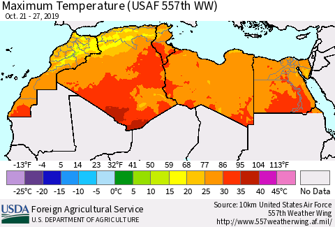 North Africa Mean Maximum Temperature (USAF 557th WW) Thematic Map For 10/21/2019 - 10/27/2019