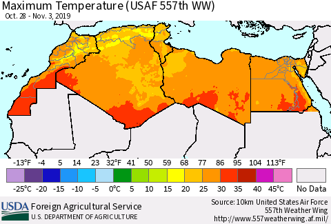 North Africa Mean Maximum Temperature (USAF 557th WW) Thematic Map For 10/28/2019 - 11/3/2019